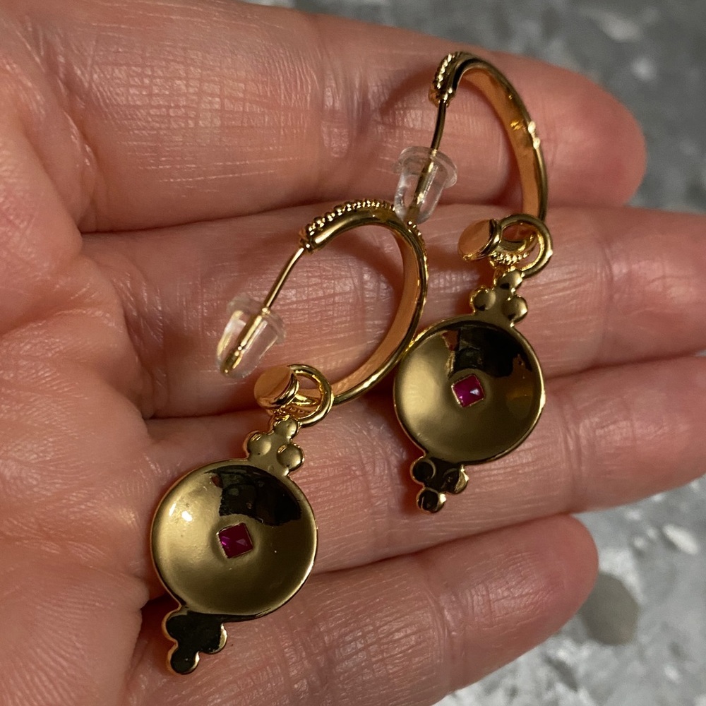 Gold Hoop Drop Earrings With Ruby Rhinestone - image 4